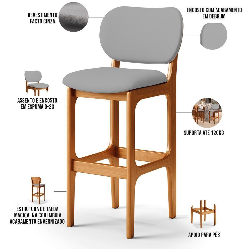 Kit 06 Banquetas Alta Para Cozinha Madeira Fixa Betta L02 Imbuia Corano Cinza - Lyam Decor - 6