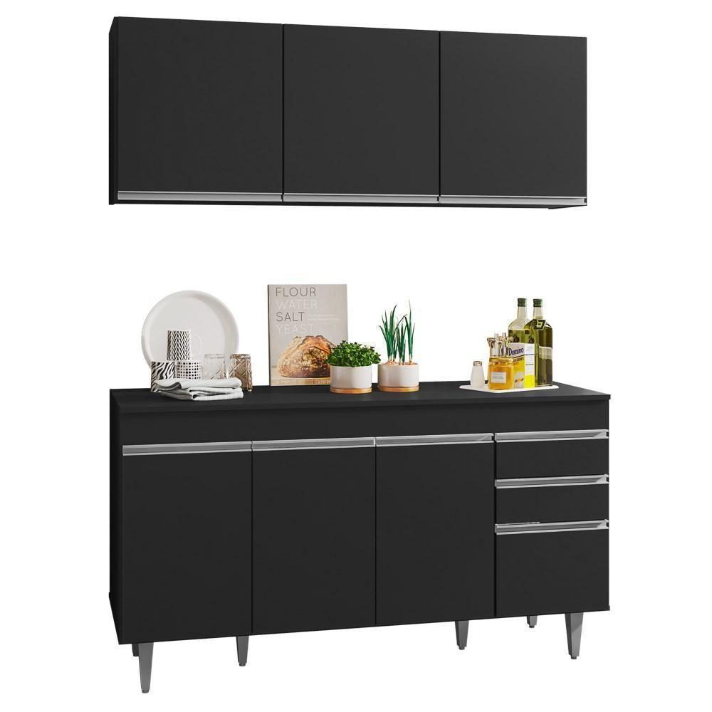 Armário Aéreo Argélia E Balcão Gabinete Para Pia 150cm Com Tampo Marrocos Preto - Lumil Móveis - 1