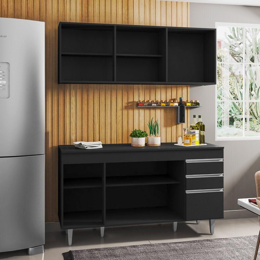 Armário Aéreo Argélia E Balcão Gabinete Para Pia 150cm Com Tampo Marrocos Preto - Lumil Móveis - 4