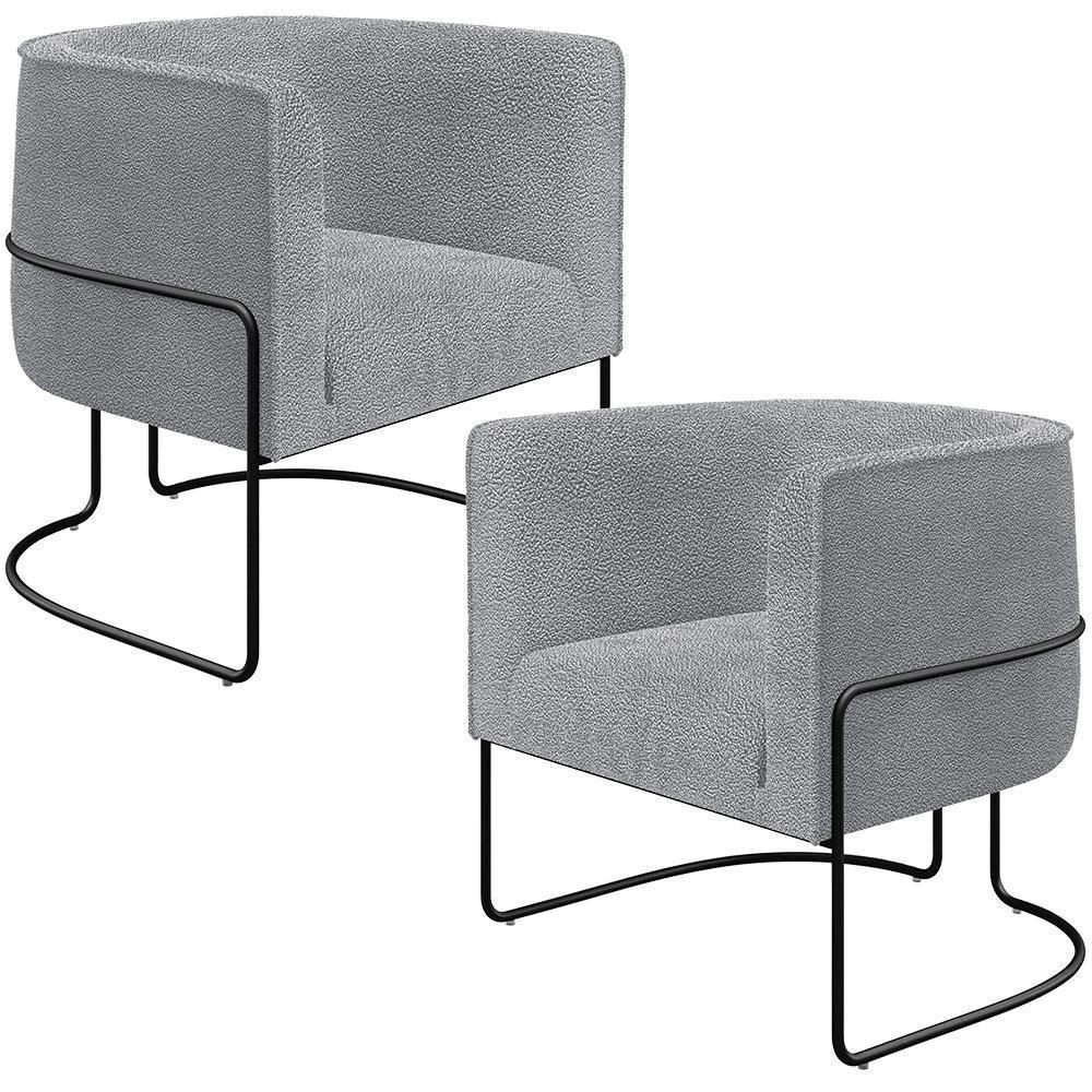 Kit 02 Poltronas Para Sala De Estar Fixa Base Aço Preto Betina D02 Bouclê Cinza - Lyam Decor - 1