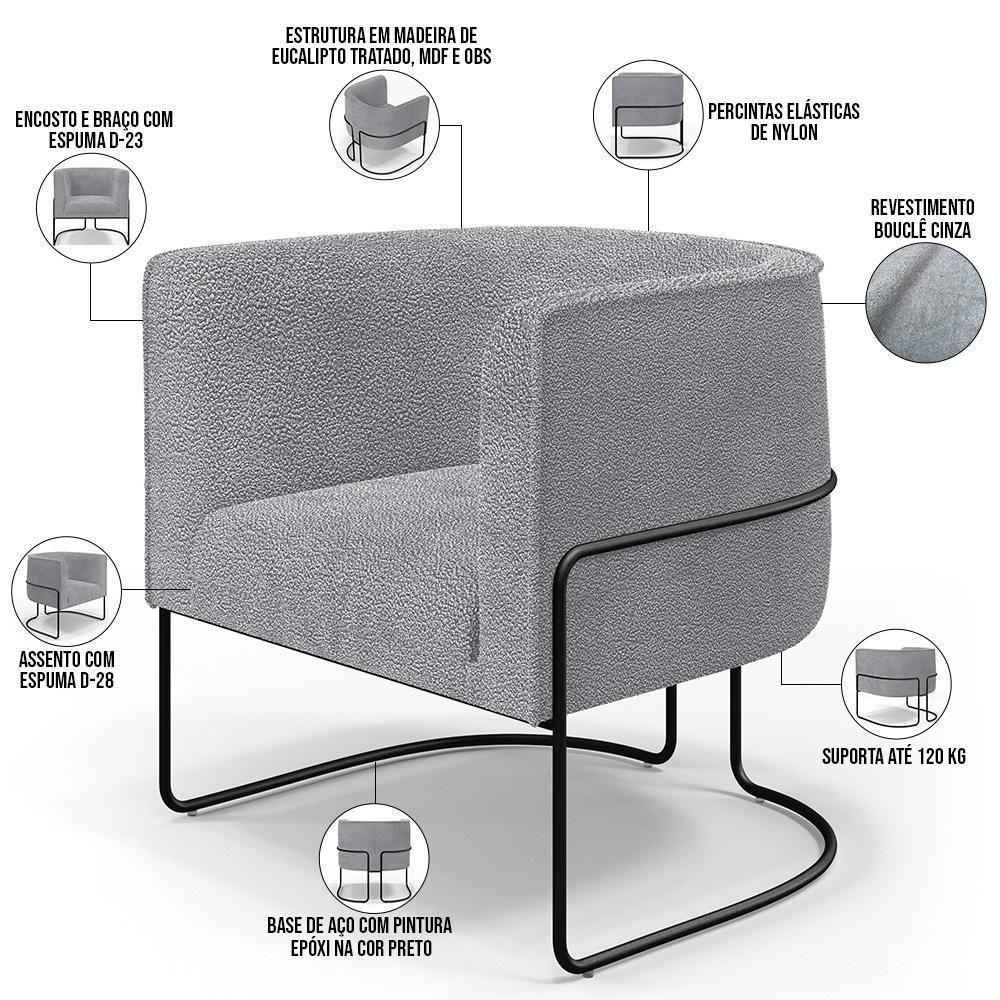 Kit 02 Poltronas Para Sala De Estar Fixa Base Aço Preto Betina D02 Bouclê Cinza - Lyam Decor - 7