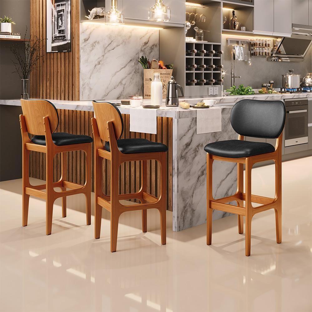 Kit 03 Banquetas Alta Para Cozinha Madeira Fixa Betta L02 Imbuia Couríssimo Preto - Lyam Decor - 7