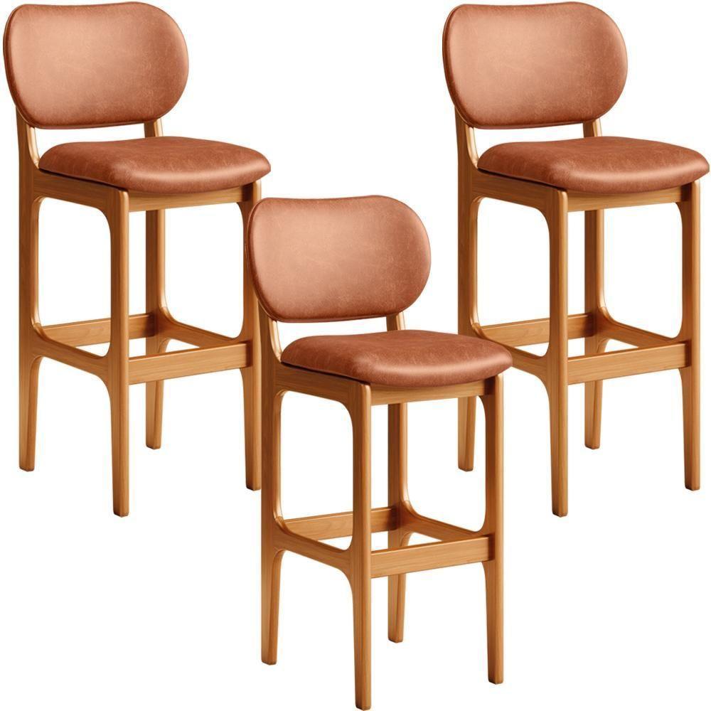 Kit 03 Banquetas Alta Para Cozinha Madeira Fixa Betta L02 Imbuia Couríssimo Camel - Lyam Decor - 1