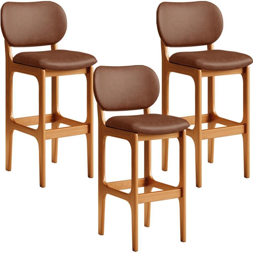 Kit 03 Banquetas Alta Para Cozinha Madeira Fixa Betta L02 Imbuia Couríssimo Marrom - Lyam Decor - 1