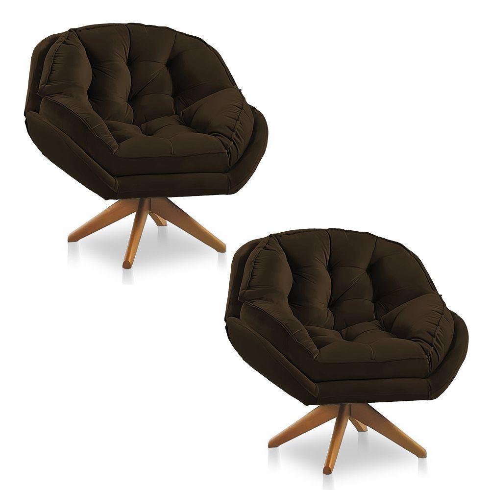 Kit 02 Poltronas Chicago Giratória Veludo Marrom Base De Madeira - 1