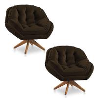 Kit 02 Poltronas Chicago Giratória Veludo Marrom Base De Madeira - 1
