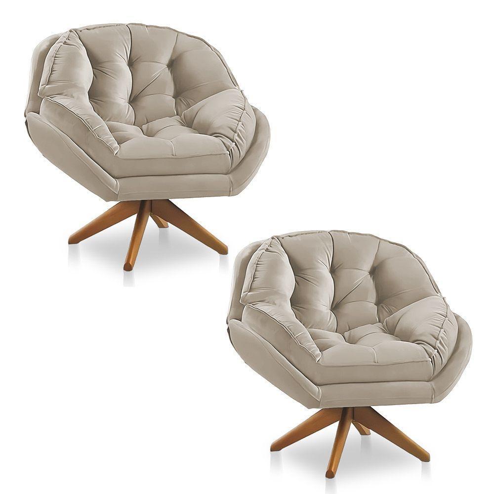 Kit 02 Poltronas Chicago Giratória Veludo Bege Base De Madeira - 1