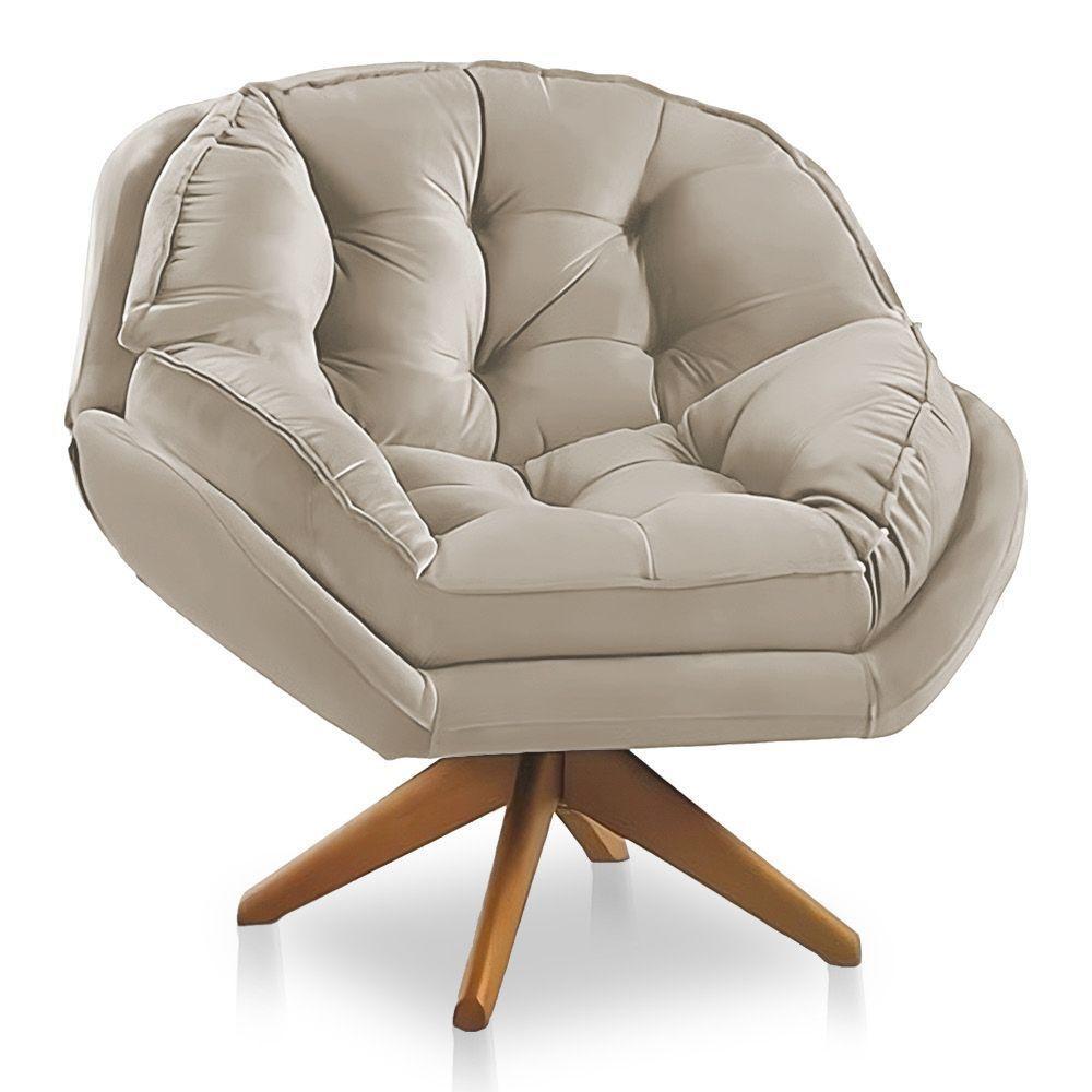 Kit 02 Poltronas Chicago Giratória Veludo Bege Base De Madeira - 4