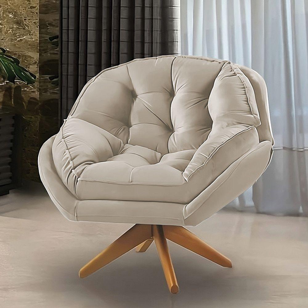 Kit 02 Poltronas Chicago Giratória Veludo Bege Base De Madeira - 5