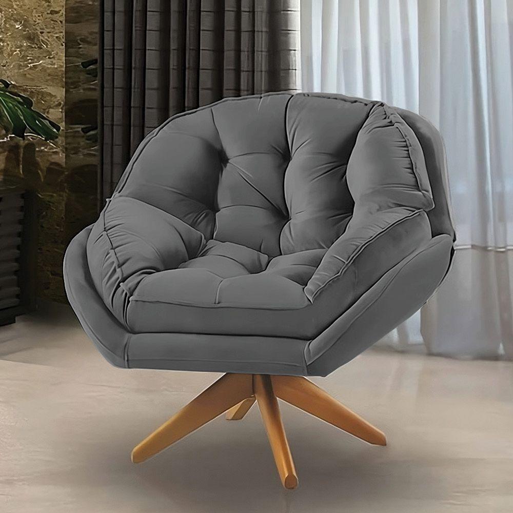 Poltrona Giratória Chicago Veludo Grafite Base De Madeira - 3