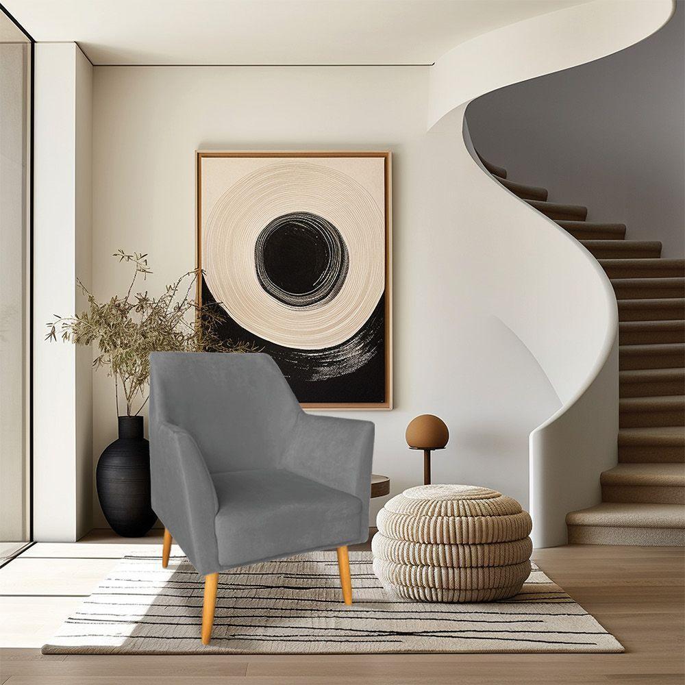 Kit 02 Poltronas Decorativa Julia Veludo Grafite Pés Palito Castanho - 6