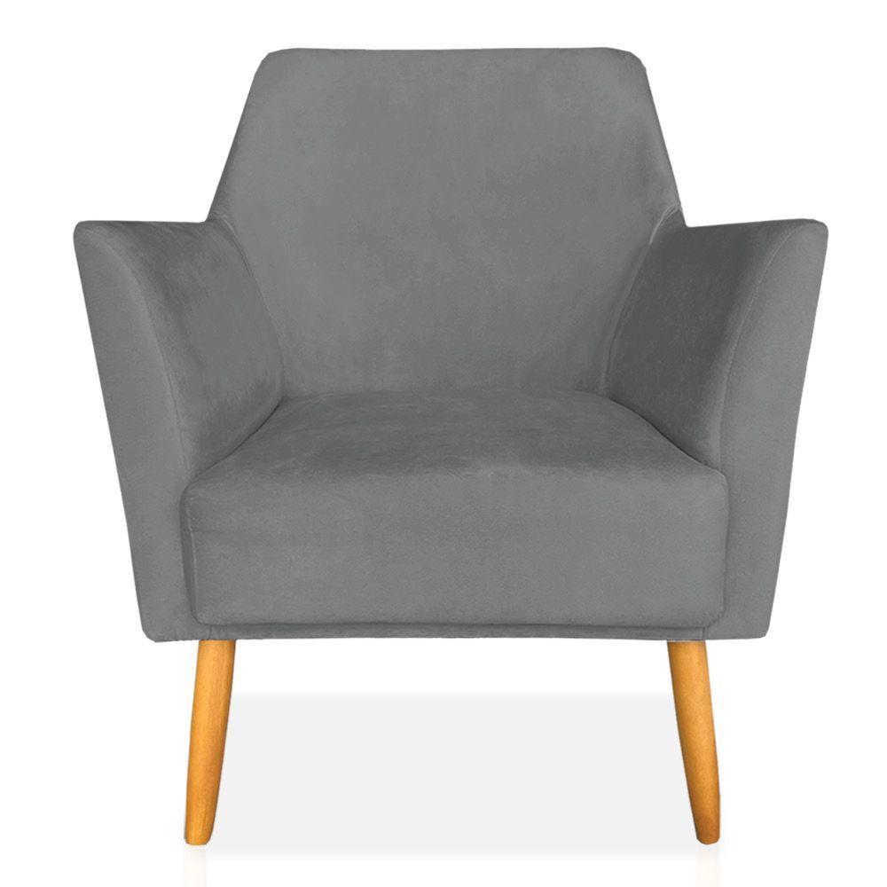 Kit 02 Poltronas Decorativa Julia Veludo Grafite Pés Palito Castanho - 7