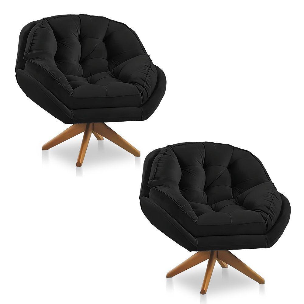 Kit 02 Poltronas Chicago Giratória Veludo Preto Base De Madeira - 1