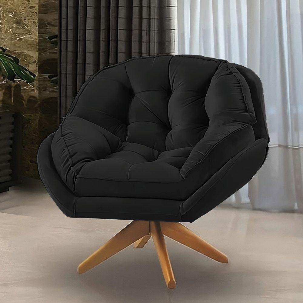 Kit 02 Poltronas Chicago Giratória Veludo Preto Base De Madeira - 5