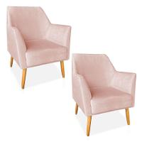 Kit 02 Poltronas Decorativa Julia Veludo Pés Palito Castanho Rosa Bebê - 1