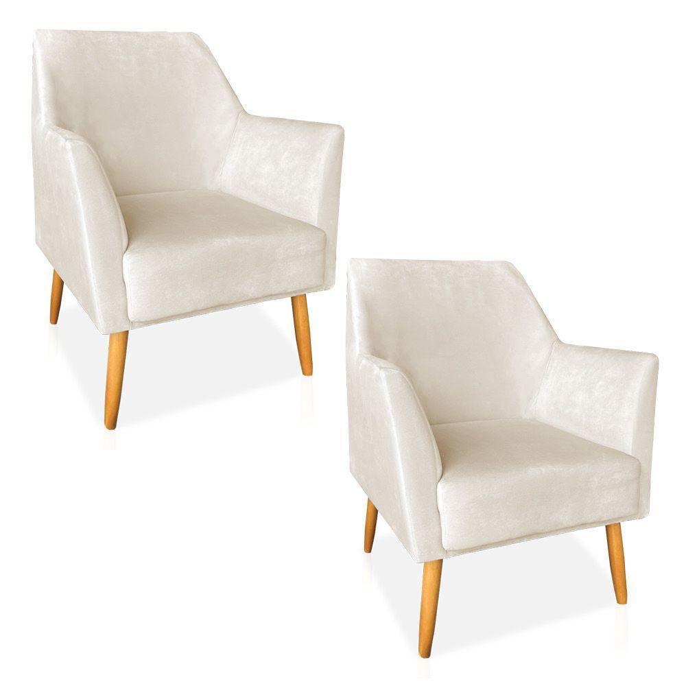 Kit 02 Poltronas Decorativa Julia Veludo Pés Palito Castanho Bege - 1