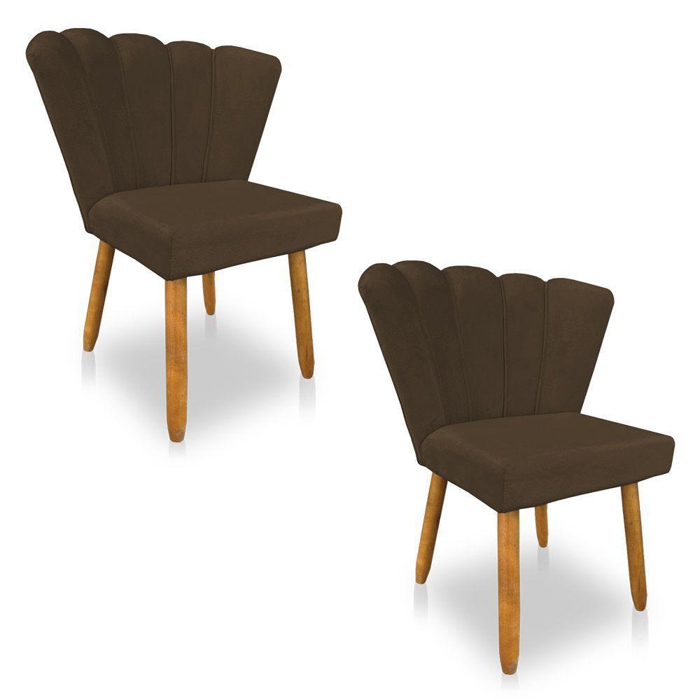 Kit 02 Cadeiras Poltrona Flor Veludo Marrom Pés Palito Castanho - 1