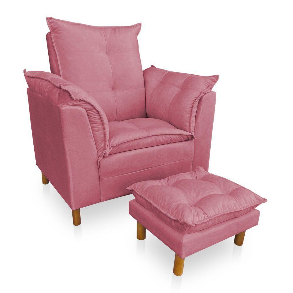 Poltrona De Amamentação Com Puff Laura Veludo Rosa - 1
