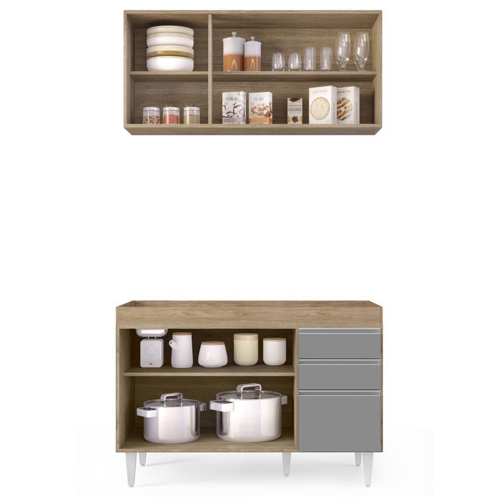 Armário Aéreo Virgínia E Balcão Para Pia 120cm Michigan Castanho-cinza - Lumil Móveis - 4