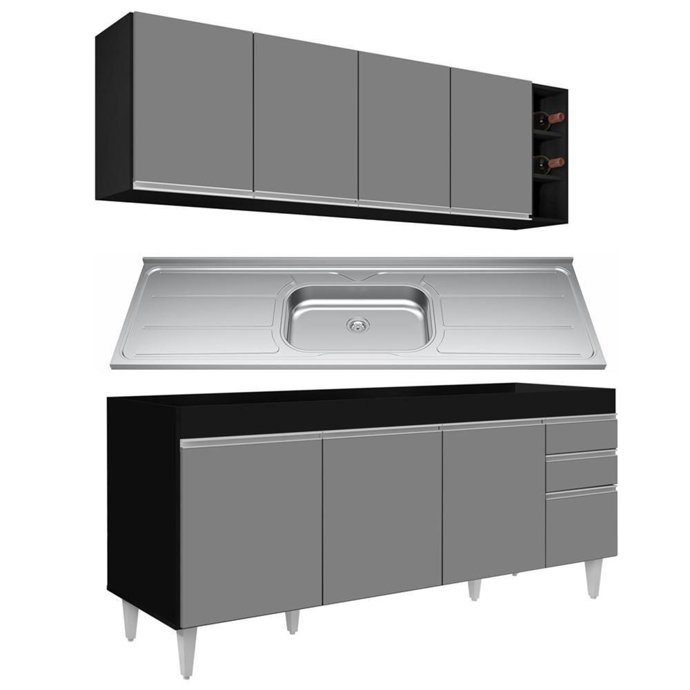 Armário Aéreo Nevada E Balcão Gabinete 180cm Com Pia Dallas Preto-cinza - Lumil - 1