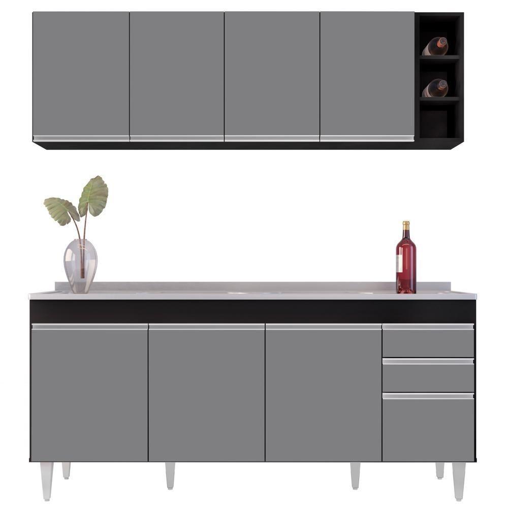 Armário Aéreo Nevada E Balcão Gabinete 180cm Com Pia Dallas Preto-cinza - Lumil - 4