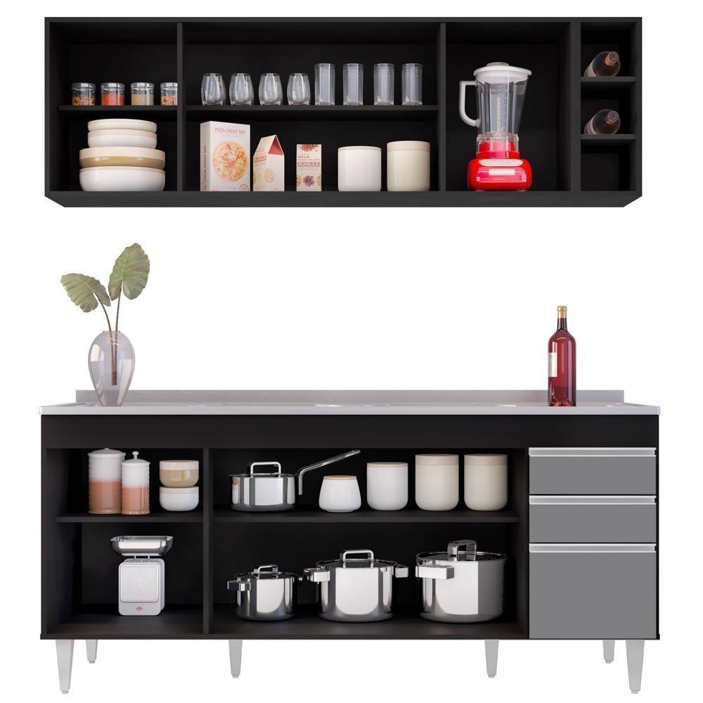 Armário Aéreo Nevada E Balcão Gabinete 180cm Com Pia Dallas Preto-cinza - Lumil - 5