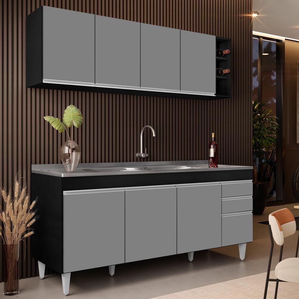 Armário Aéreo Nevada E Balcão Gabinete 180cm Com Pia Dallas Preto-cinza - Lumil - 6