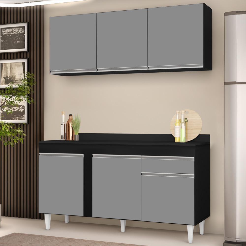 Armário Aéreo Argélia E Balcão Gabinete Para Pia Com Tampo 150cm Dakota Preto-cinza - Lumil - 7