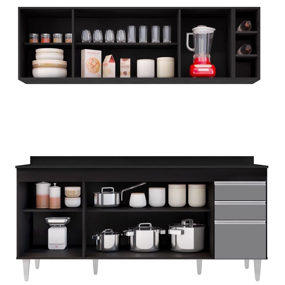 Armário Nevada E Balcão 180cm Com Tampo Dallas Preto-cinza - Lumil - 5