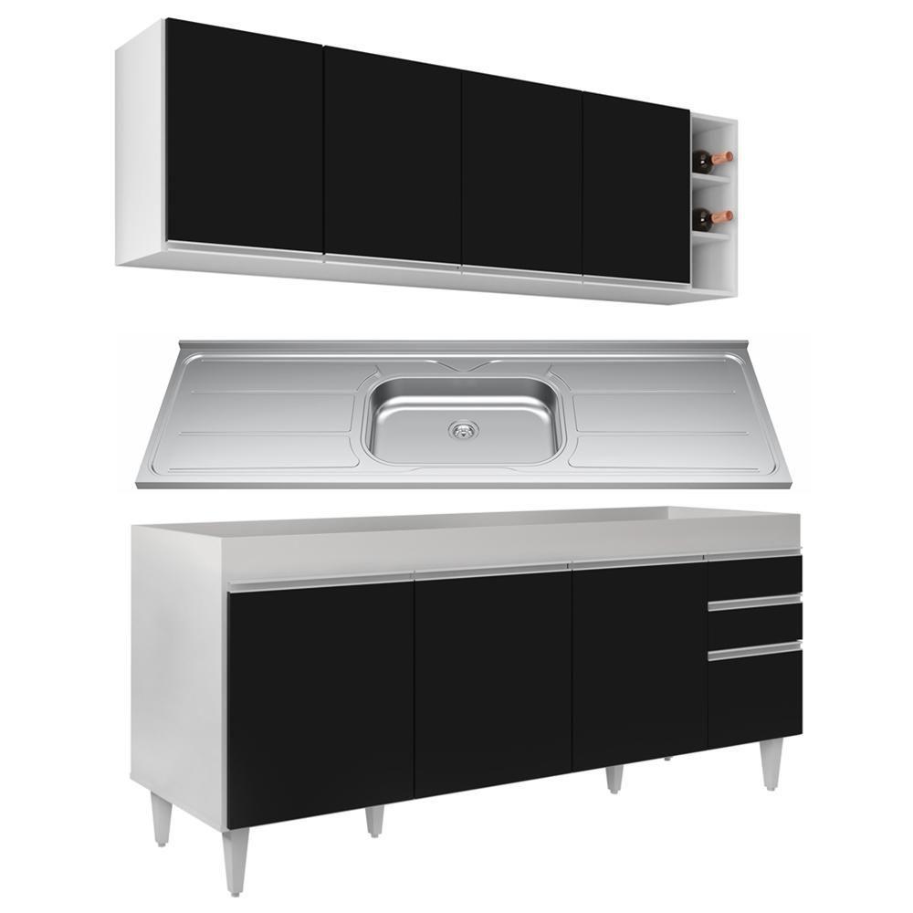 Armário Aéreo Nevada E Balcão Gabinete 180cm Com Pia Dallas Branco-preto - Lumil - 1