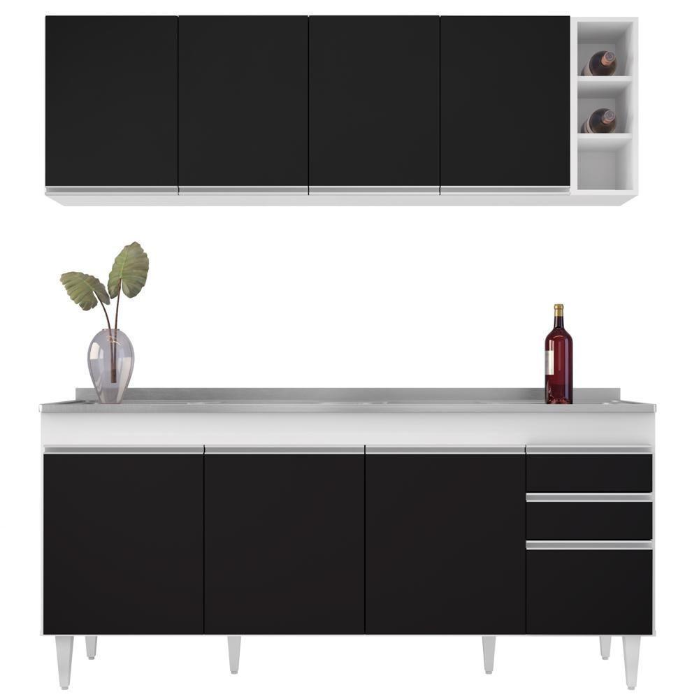 Armário Aéreo Nevada E Balcão Gabinete 180cm Com Pia Dallas Branco-preto - Lumil - 4