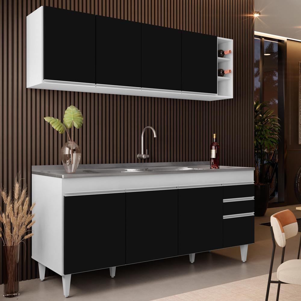 Armário Aéreo Nevada E Balcão Gabinete 180cm Com Pia Dallas Branco-preto - Lumil - 6