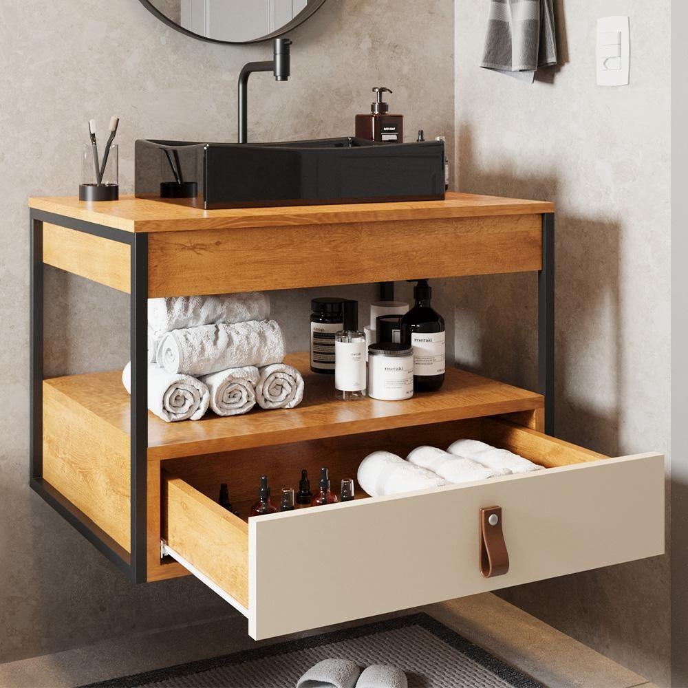 Gabinete De Banheiro Com Espelho E Cuba Preta Preto-canela-off White-castanho - 3