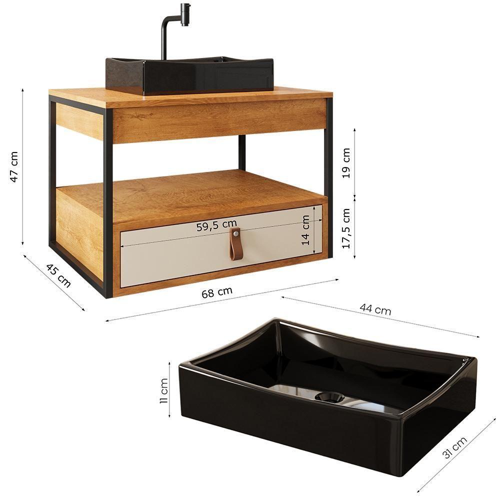 Gabinete De Banheiro Com Espelho E Cuba Preta Preto-canela-off White-castanho - 4