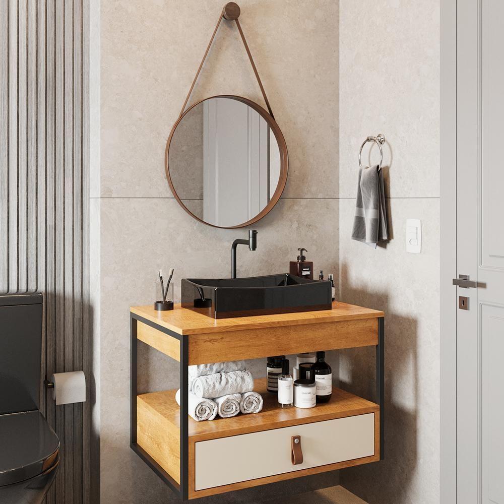 Gabinete De Banheiro Com Espelho E Cuba Preta Preto-canela-off White-castanho - 6