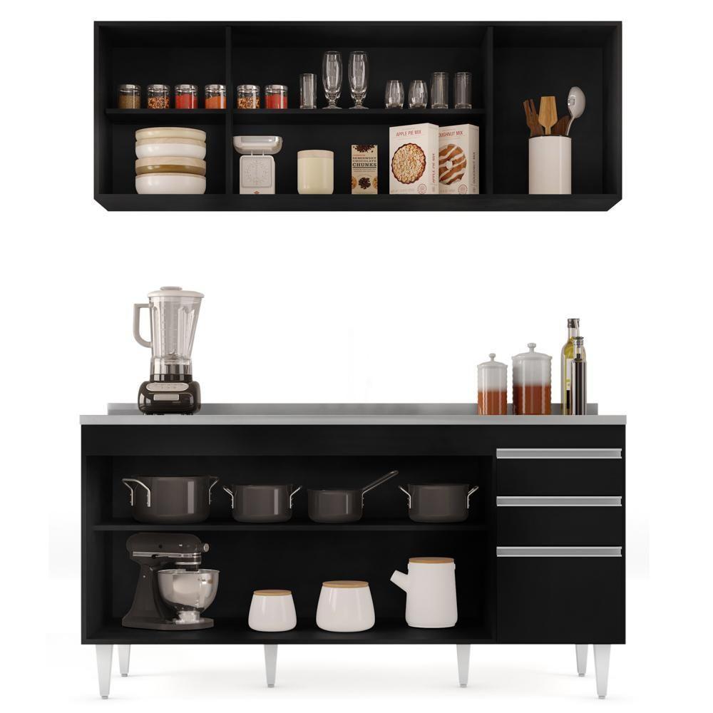 Armário Aéreo Nevada E Balcão Gabinete Com Pia 160cm Arkansas Preto - Lumil - 5