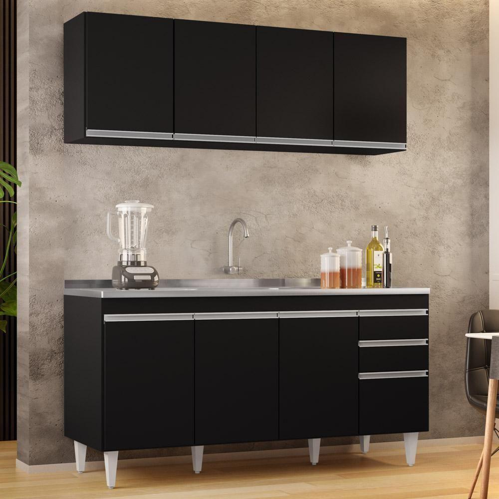 Armário Aéreo Nevada E Balcão Gabinete Com Pia 160cm Arkansas Preto - Lumil - 6