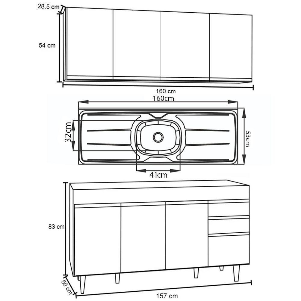 Armário Aéreo Nevada E Balcão Gabinete Com Pia 160cm Arkansas Preto - Lumil - 7