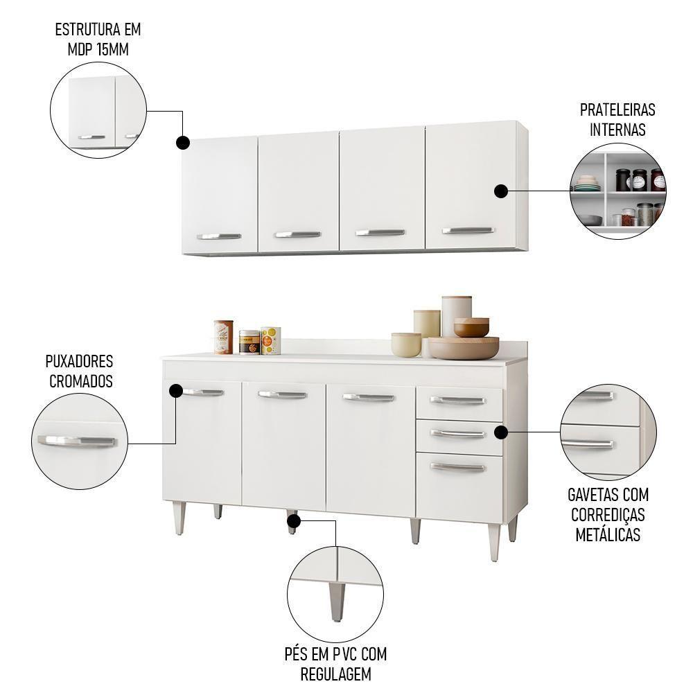 Armário Aéreo Parma E Balcão Para Pia Com Tampo 150cm Lisboa Branco - Lumil - 5