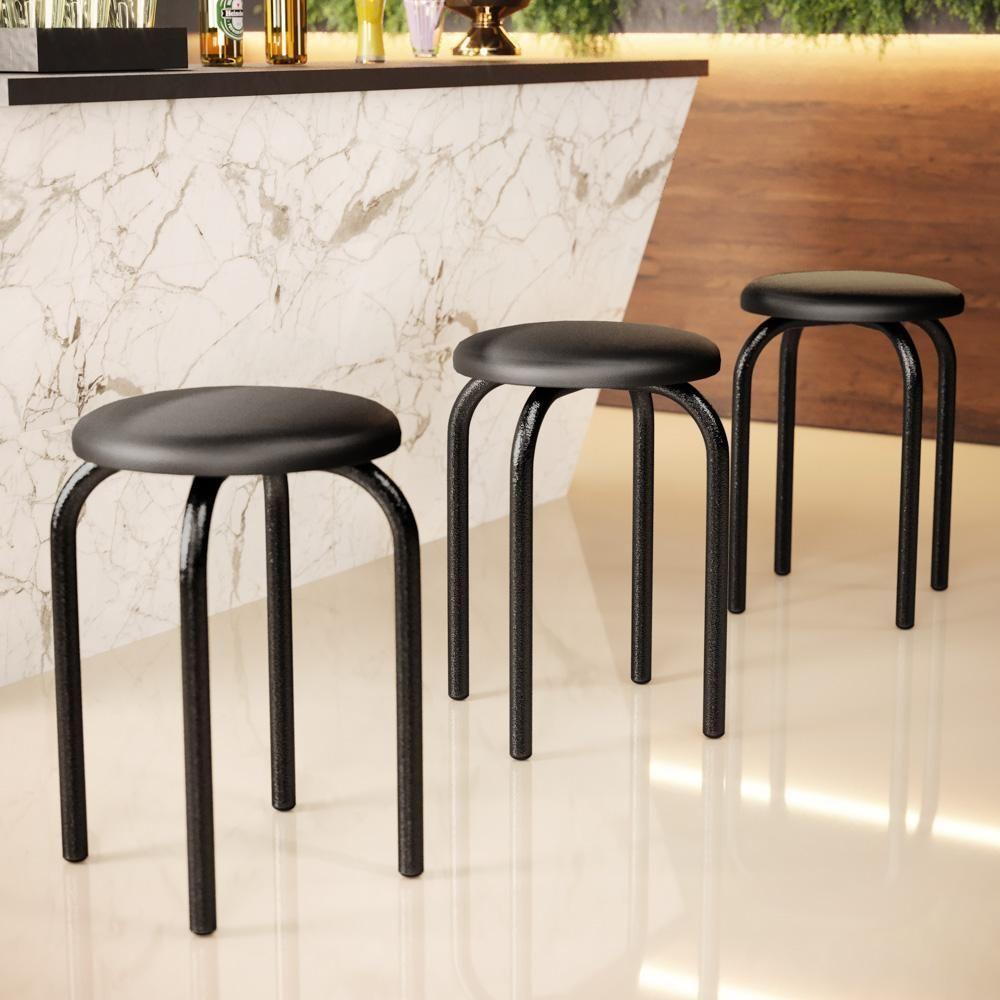 Kit 6 Banquetas Baixas Empilháveis Em Aço Maviê Sintético Preto - Mpozenato - 7