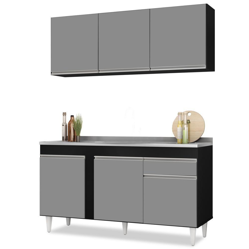 Armário Aéreo Argélia E Balcão Gabinete Com Pia Inox 150cm Dakota Preto-cinza - Lumil - 1