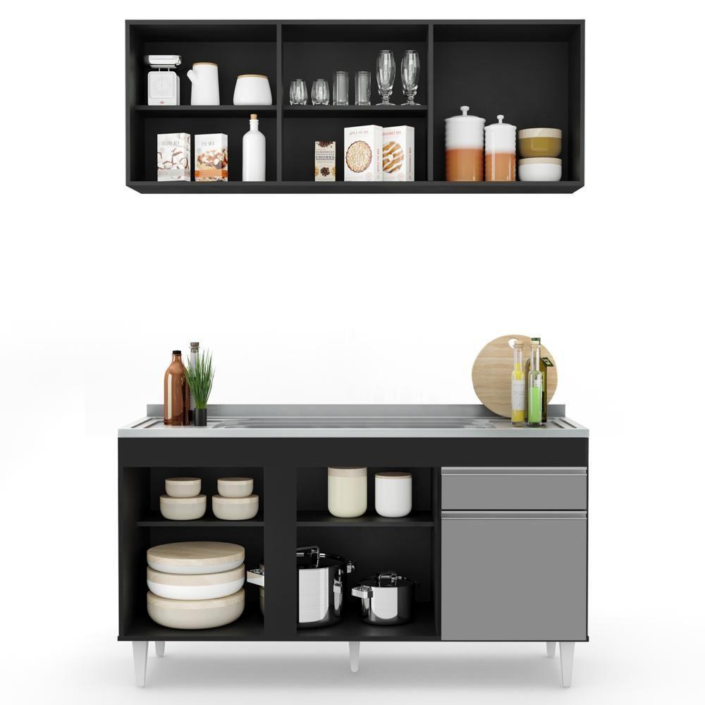 Armário Aéreo Argélia E Balcão Gabinete Com Pia Inox 150cm Dakota Preto-cinza - Lumil - 5