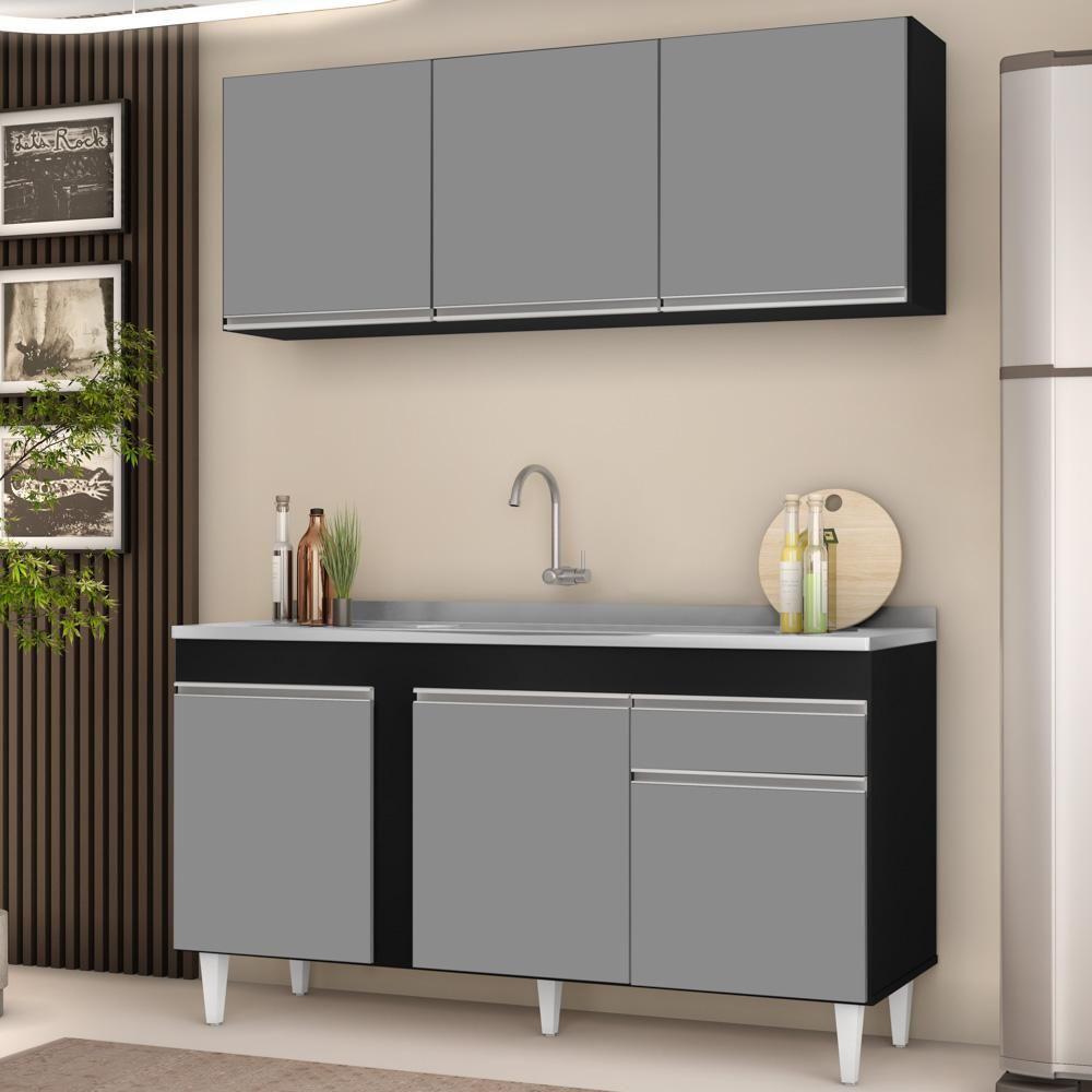 Armário Aéreo Argélia E Balcão Gabinete Com Pia Inox 150cm Dakota Preto-cinza - Lumil - 6