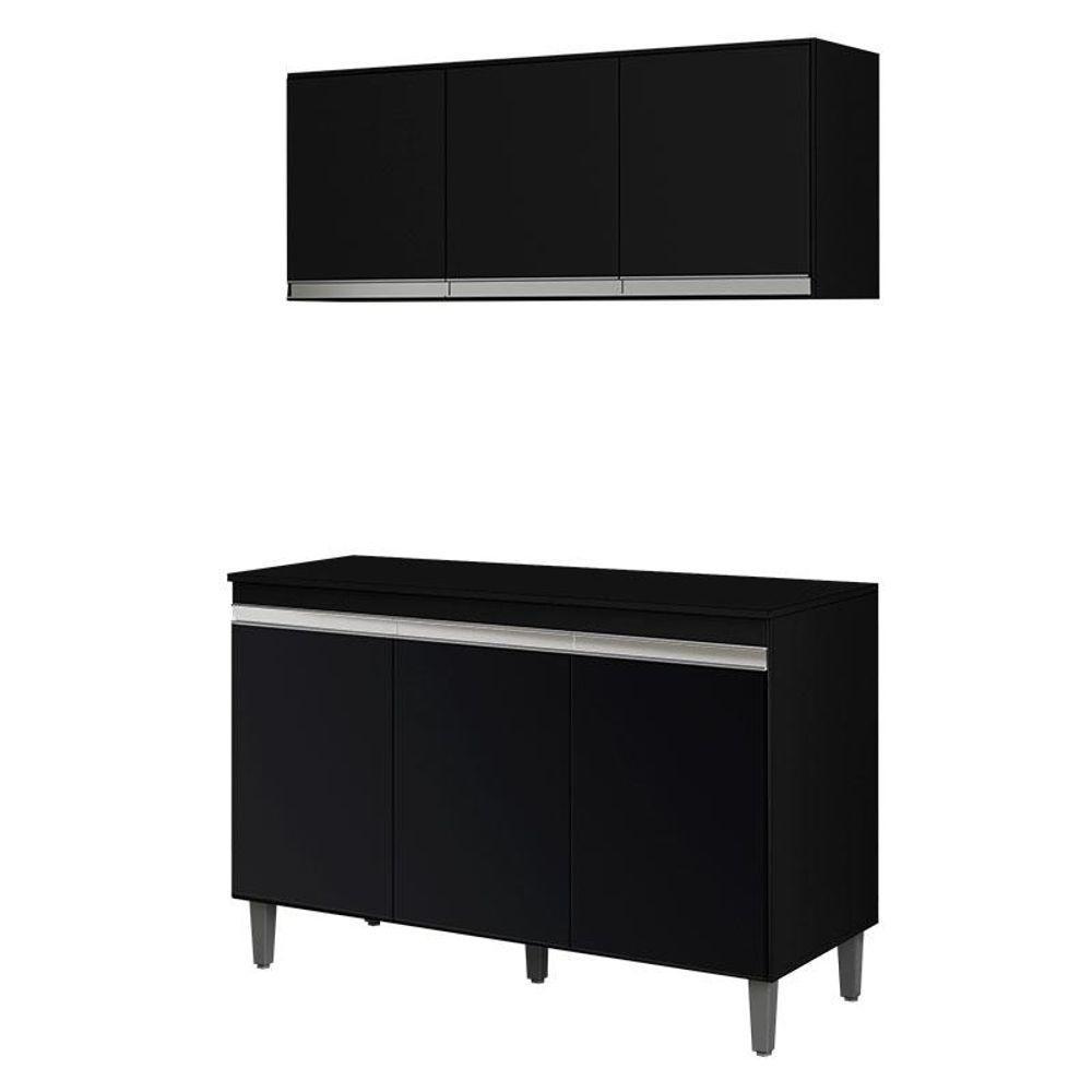 Balcão De Cozinha Manu Com Tampo 120 Cm E Armário Aéreo Andréia Preto Fosco - Ajl - 1