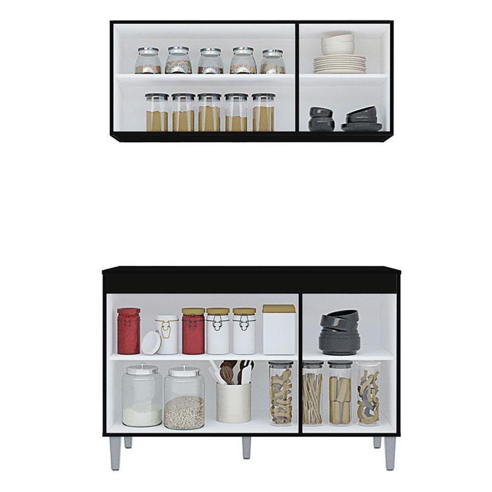 Balcão De Cozinha Manu Com Tampo 120 Cm E Armário Aéreo Andréia Preto Fosco - Ajl - 2