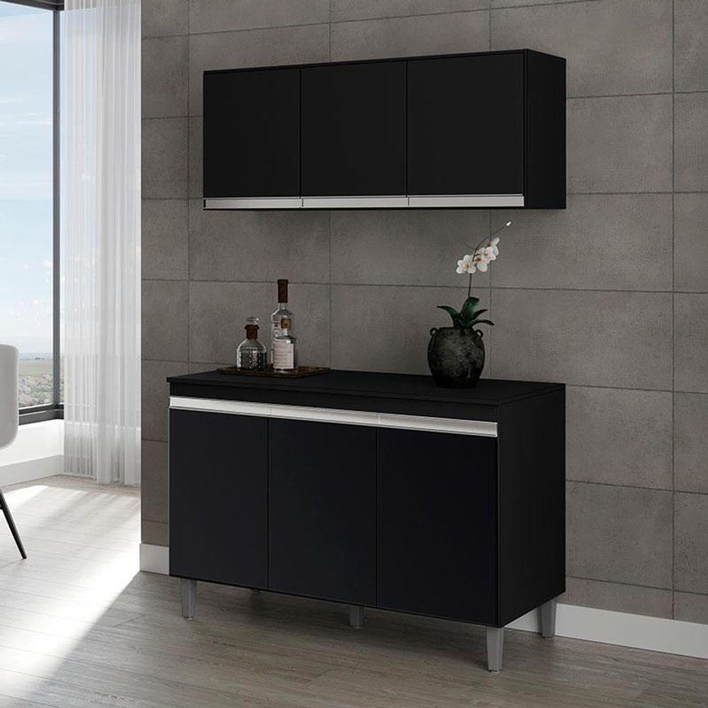 Balcão De Cozinha Manu Com Tampo 120 Cm E Armário Aéreo Andréia Preto Fosco - Ajl - 3