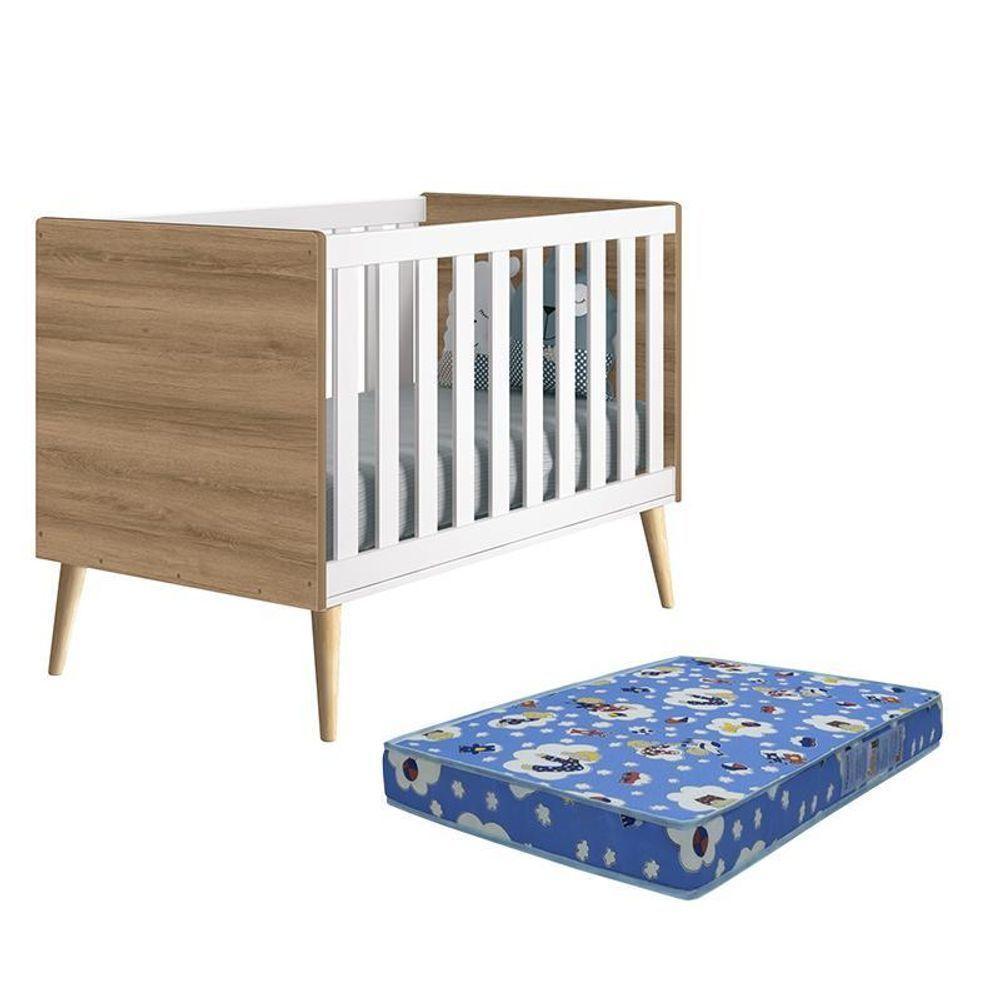 Berço Americano Theo Pés Madeira Natural Branco Fosco/mezzo Com Colchão D18 - Reller Móveis Branco Fosco/mezzo - 1