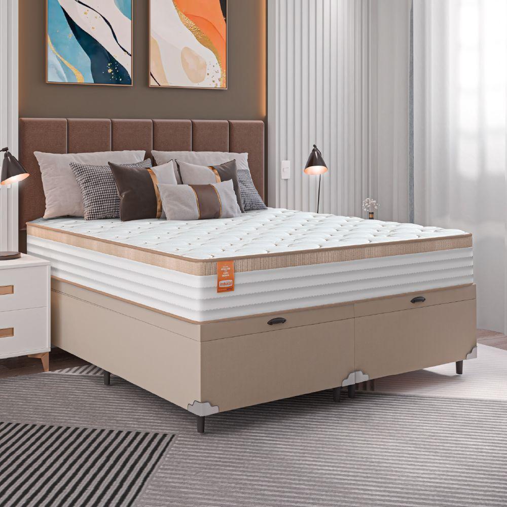 Cama Box Baú Colchão Casal King Molas Ensacadas Real 193x203x68cm Bege/branco Inducol Branco Nat - 6