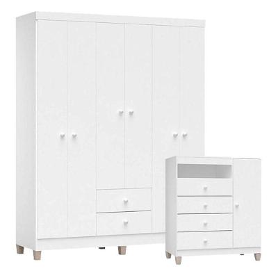 Cômoda e Guarda Roupa Infantil Ternura Baby 6 Portas 2 Gavetas em MDP Branco Brilho