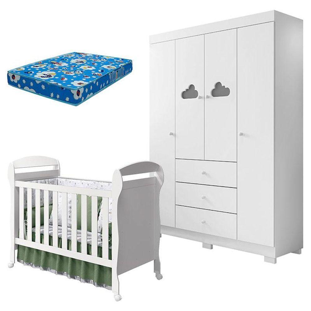 Berço Americano Danny E Guarda Roupa Infantil Ane Branco Brilho Com Colchão Ortobom - Phoenix Baby - 1